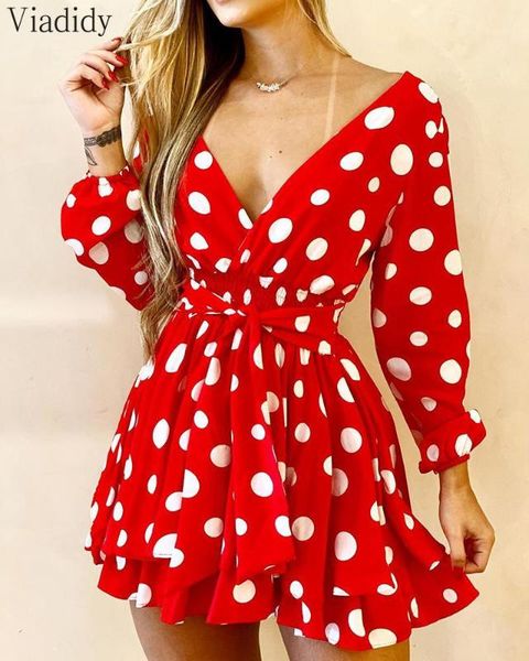 

women deep v-neck polka dot casual long sleeves dress elegant front tied a-line dress, Black;gray