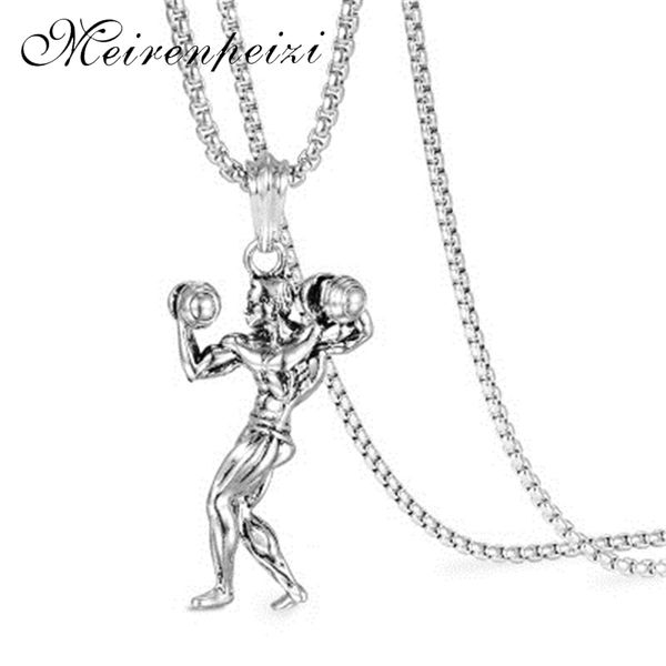 

hipster dumbbell muscle men necklace hip hop punk stain steel pendant, Silver