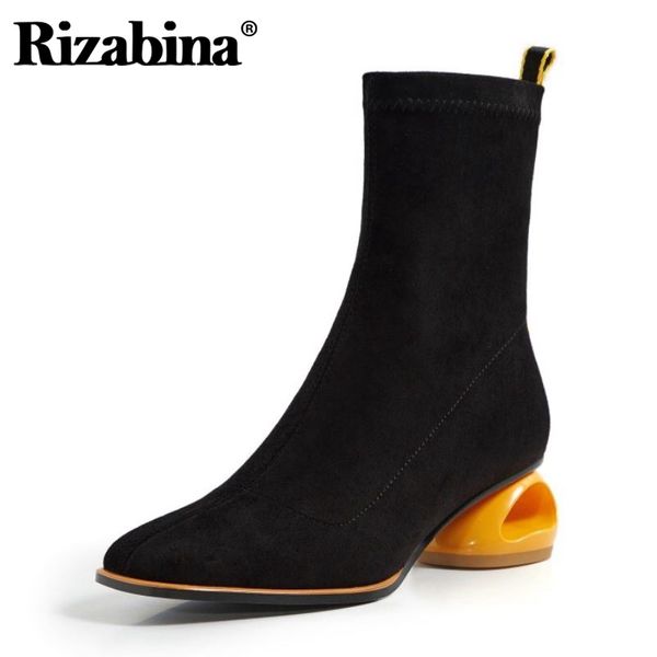 

rizabina women ankle boots round toe strange heel slip on shoes flock casual party shoes female footwear winter size 34-39, Black