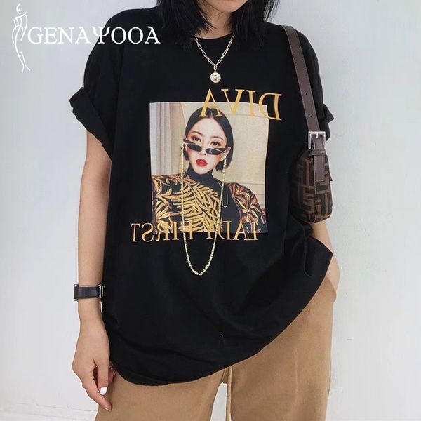 

women's t-shirt genayooa korean t shirts women short sleeve print casual harajuku tee o neck shirt femme 2021 summer streetwear, White