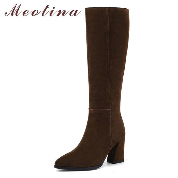 

boots meotina winter real leather knee high women cow suede thick heel long zipper super shoes lady autumn 34-39, Black