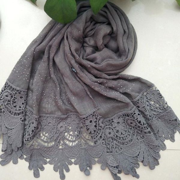

lace edges soft warm fashion autumn winter dots rhinestone breathable cotton blend shawl plain muslim women scarf maxi, Blue;gray