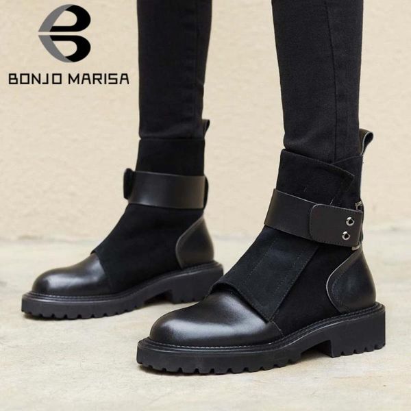 

bonjomarisa ladies round head chunky buckle casual ankle boots fashion platform patchwork boots women solid shoes woman, Black