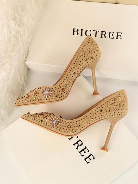 

2020 rhinestone metal rivet fine heel ultra high heel suede wild cat single shoes tide large size women's shoes, Black
