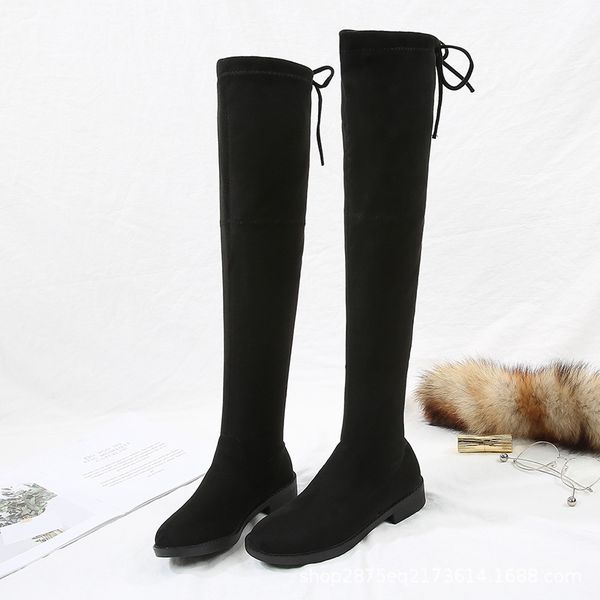 

fashion women over-the-knee boots lace up plus velvet warm flat boots woman autumn thin elastic fabric high knee, Black