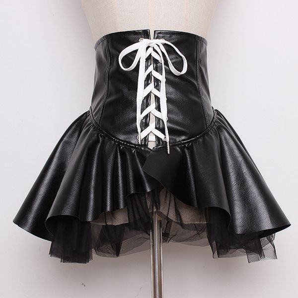 

sondr woman belt gauze net spliced pu leather cummerbunds wide black stretch belt all match woman belts for dress slim thin, Black;brown