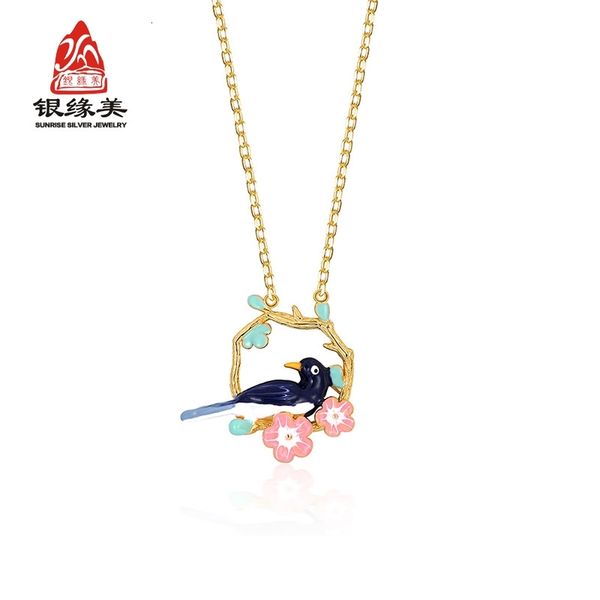 

s925 sterling silver necklace magpie bird design enamel epoxy jewelry choker women's clothing accessories
