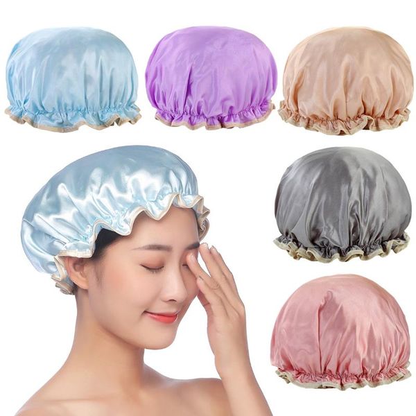 

reusable shower cap waterproof sleeping caps silky satin for women and girls solid color