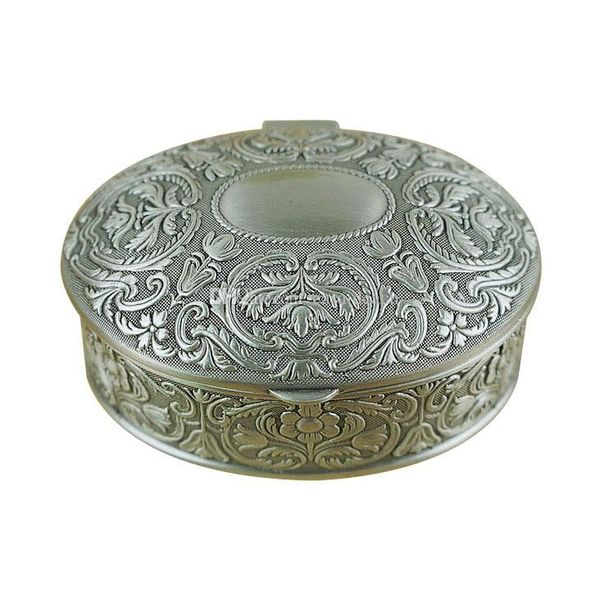 

antique silver oval shape jewelry box with engraving leaves retro petwer alloy trinket jewellery storage case wedding keepsake gift