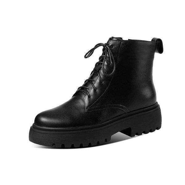 

vintage genuine leather winter boots platform cross tied fashion chunky heels pumps 2020 office lady basic shoes woman, Black