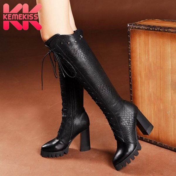 

boots kemekiss women knee genuine leather lace up winter woman shoes fur warm long platform fashion footwear size 34-40, Black