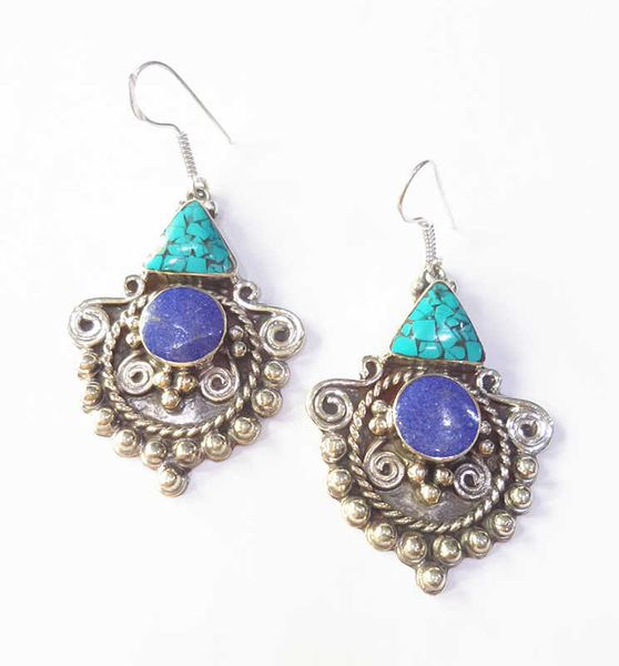 

e138 vintage earrings from nepal white metal copper inlay colorful stone big flower earring, Silver