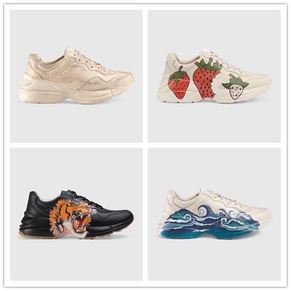 

mens rhyton leather sneaker with wave mouth web print tiger strawberry womens sneakers vintage shoes trainers dad shoes r158, Black