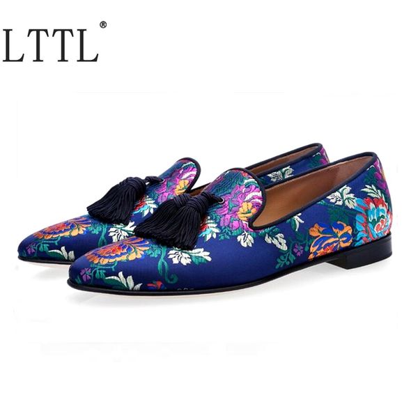 

lttl fashion multicolor embroidered men loafers flats dress shoes handmade tassel mens shoes casual slippers male prom, Black