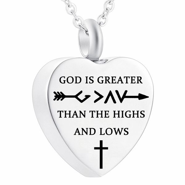 

stainless steel jewelry engraved cross ashes cremation memorial pendant necklace human -god is greater than the highs and lows, Silver