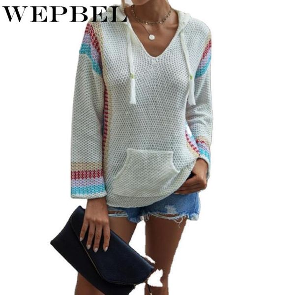 

women's sweaters wepbel autumn and winter casual long sleeve pullover loose pocket sweater fashion stitching knitted hooded, White;black