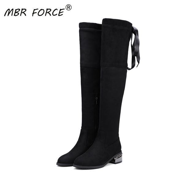 

mbr force over-the-knee boots for women ribbon pointed toe fashion shoes long boot zipper comfortable ladies large size 34-43, Black