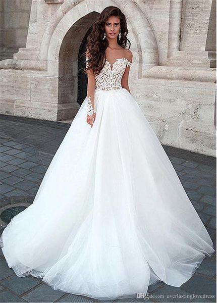 

attractive tulle wedding dresses 2019 a-line white designer long sleeve open back bridal dresses court train, Blue;red