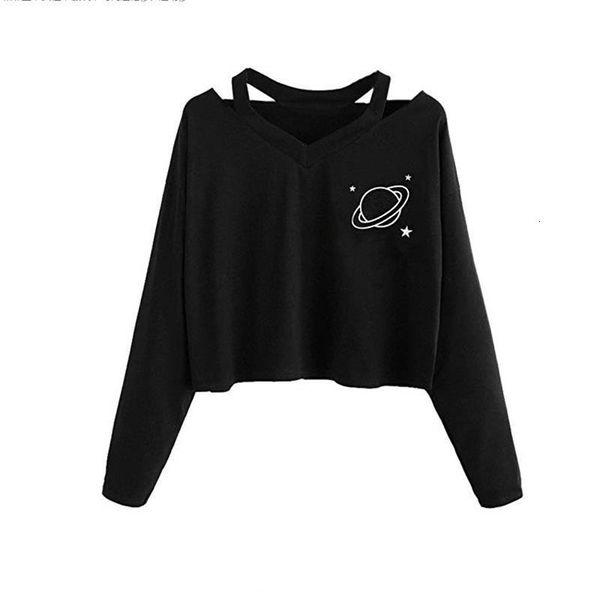 

planet printed black cotton women sweatheart hoodies autumn v neck long sleeve white yellow color short new fashion