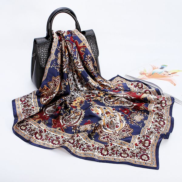 

scarves 90x90cm printed silk scarf female satin simulation fashion muslim square retro foulard bandana neckerchief women 2021, Blue;gray