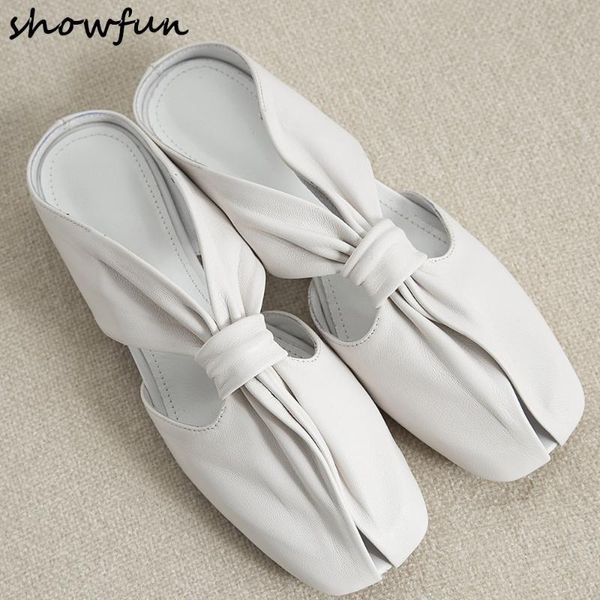 

women's genuine leather slip-on flats slides cross strap bow tie female soft comfortable summer sandals square toe mules shoes, Black