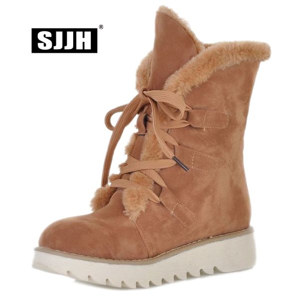 

sjjh women short snow boots with round toe and flat heel short plush lace-up boots winter warm casual shoes d760, Black