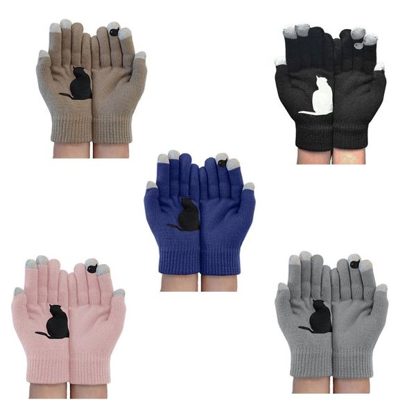 

women winter knitted touchscreen gloves cartoon cat bird irregular warm mittens lx9e, Blue;gray