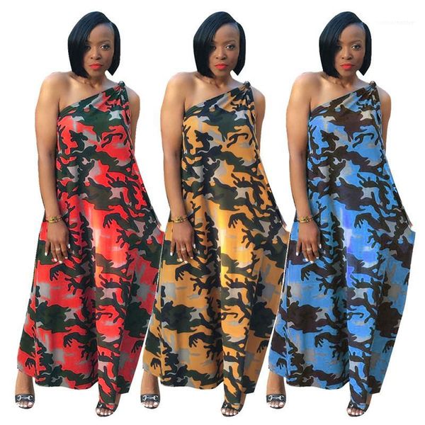 

fashion one shoulder sleeveless loose long dress casual women designer dress summer women camouflage dress, Black;gray