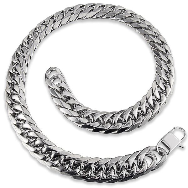 

15mm high polishing stainless steel double weave cuban miami chain big heavy link chains necklaces for men hip hop rock jewelry, Silver