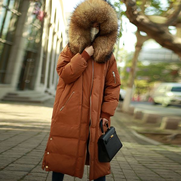 

season han dong doors more ~ 345 grams of filling pile too big raccoon fur collar leisure long hooded down jacket, Black