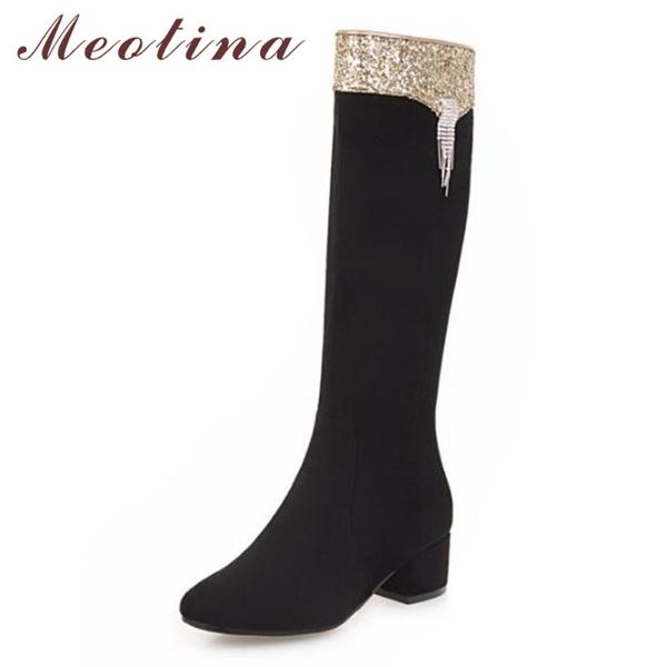 

meotina winter knee high boots women bling thick heel square toe square heel riding boots fringe tall shoes zipper red black 43