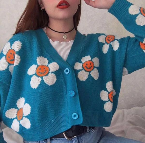 

flower print knit female cardigans long v neck oversized cute symbol vintage sweater 2020winter women's jacket sweatshirt pull, White