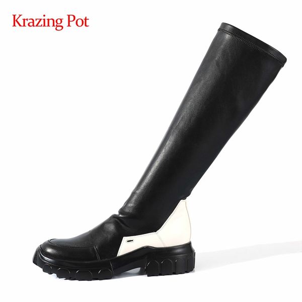 

krazing pot sports boots natural leather mixed colors platform round toe thick med heel slip on energy lady knee high boots l82, Black