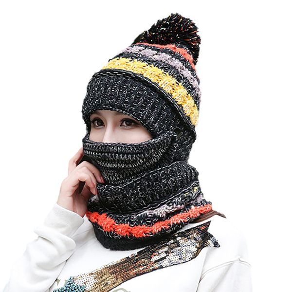 

efinny women's knitted hat scarf set neck warmer winter hats for women thick patchwork detachable skullies set, Blue;gray