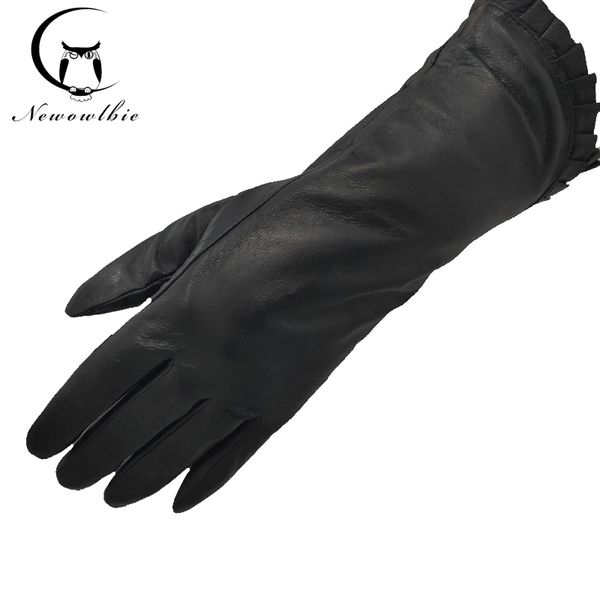 

new women' gloves long genuine leather winter warm fluff woman soft female fur lining high-quality mittens, Blue;gray