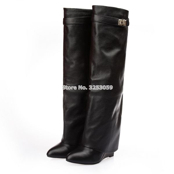 

women luxurious brand knee high boots concise metal decoration dress boots belt buckle lock decor wedge heel women shoes, Black