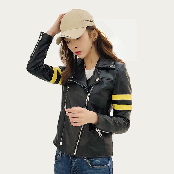 

lambskin 100% sheepskin genuine leather jacket women slim motorcycle biker real leather coat short ladies clothes chaqueta mujer, Black