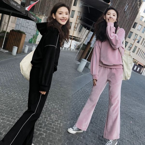 

gold sweater sportswear velvet sweater sportswear 2020 spring and autumn women's new hooded high waist suit women's casual two-pie, Gray