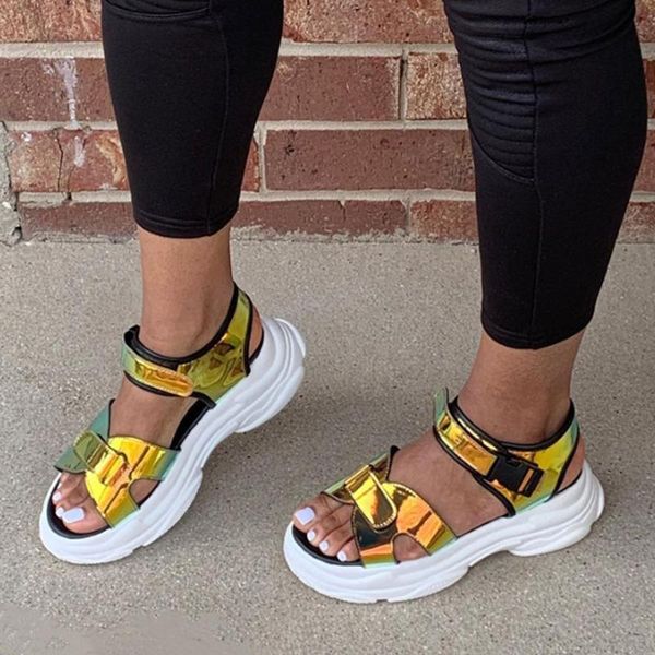 

bonjomarisa ins reflective flat platform sandals gold metallic sandals women summer casual wedges shoes woman, Black