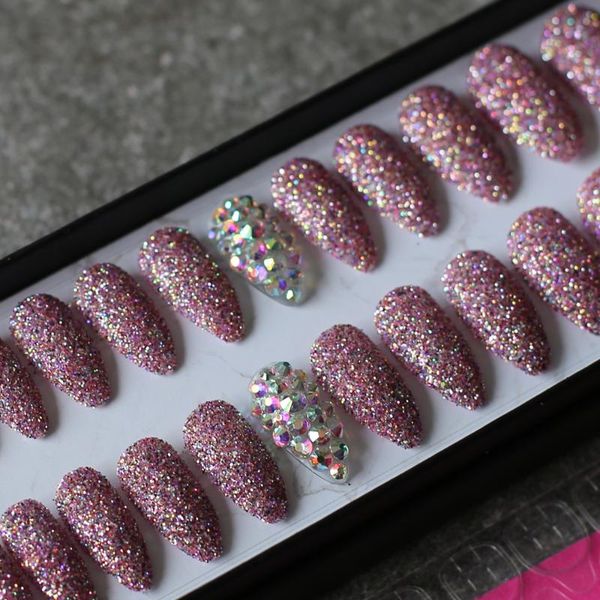 

white glitter powder stiletto fake nails full crystal diamond false nails pink red silver gold 26pcs wedding, Red;gold