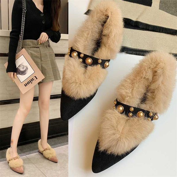 

furry women's shoes 2020 autumn winter new rivet plus velvet keep warm female shoes vintage slip through thick heel women, Black