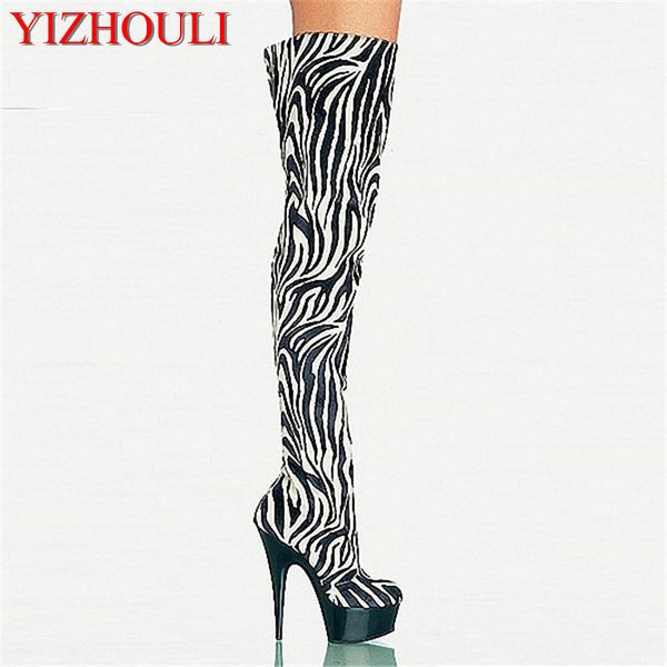 

15cm fashionable zebra horsehair leather platforms womens boots 6 inch high heel shoes thigh high boots, Black