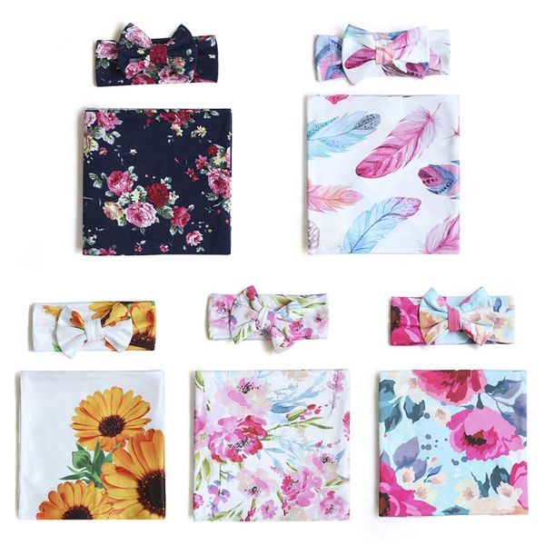 

2pcs новорожденного получения одеяла оголовье set цветочный пеленальный wrap спальный мешок infant аксессуары для волос