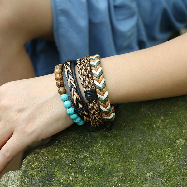 

famous trendy leather bangles men handmade braided wrap bracelets for women lace up jewelry, Golden;silver