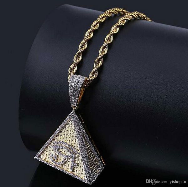

hip hop necklace gold plated egyptian pyramid eyes of horus line cz bling pendant necklace rope chain jewelry for men women, Silver