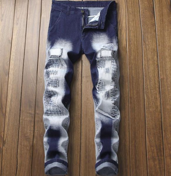 

men's jeans hop mens hip patch retro knee hole straight destroyed torn ripped denim for men, Blue