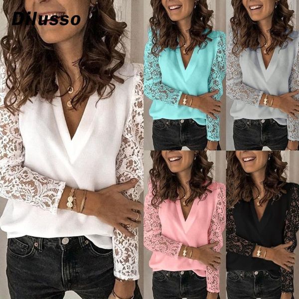 

women's blouses & shirts women fashion lace long sleeve blouse v-neck casual ladies solid office autumn blouses#d3, White
