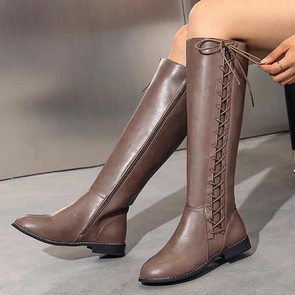 

women boots fashion leather zipper square heel high boots knee-high round toe cross strap female shoes plus size, Black