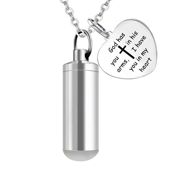 

silver stainless steel cylinder jewelry cremation urn with engraved cross heart necklace-god has you in his arms, i have you in my h