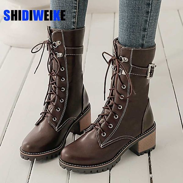 

casual round head mid-calf boots lace-up rivet platform black green yellow brown high heels thick riding boots women's shoes